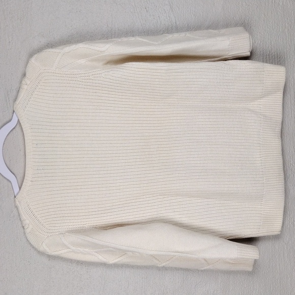 Ann Taylor Cream Wool Blend Crew Neck Wrist Sleeve Ribbed Cable Knit Sweater Top - Picture 7 of 10